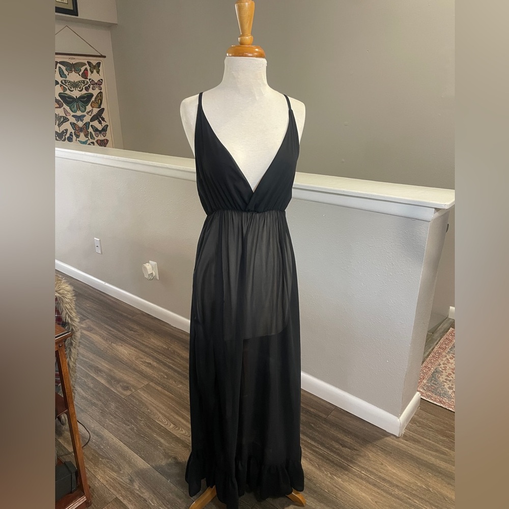 Vintage Sheer Black Maxi Nightgown Deep V Spaghetti Strap Long Chemise L